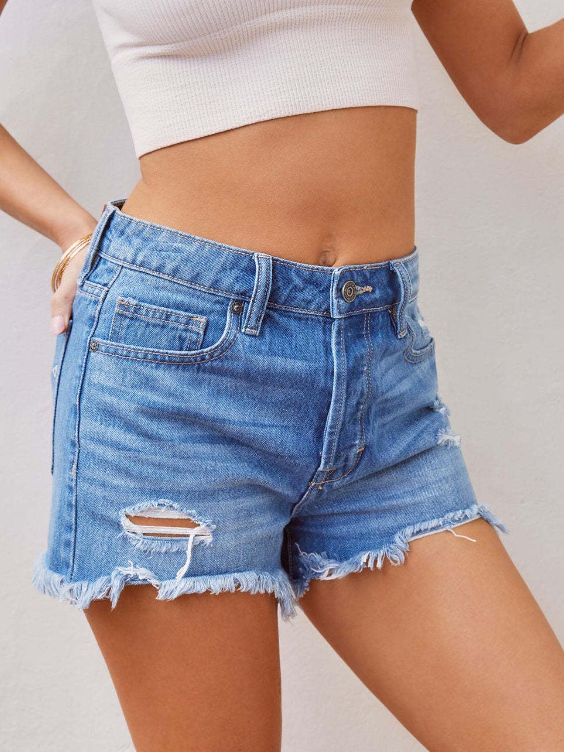 Distressed Raw Hem Denim Shorts Carauana Store