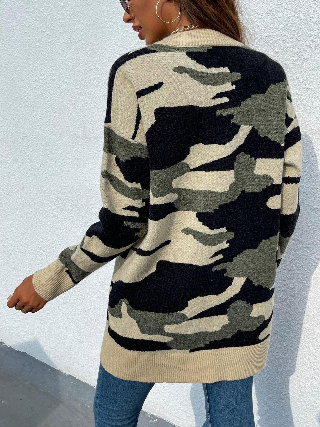 Camouflaged Dropped Shoulder Open Front Cardigan Carauana Store