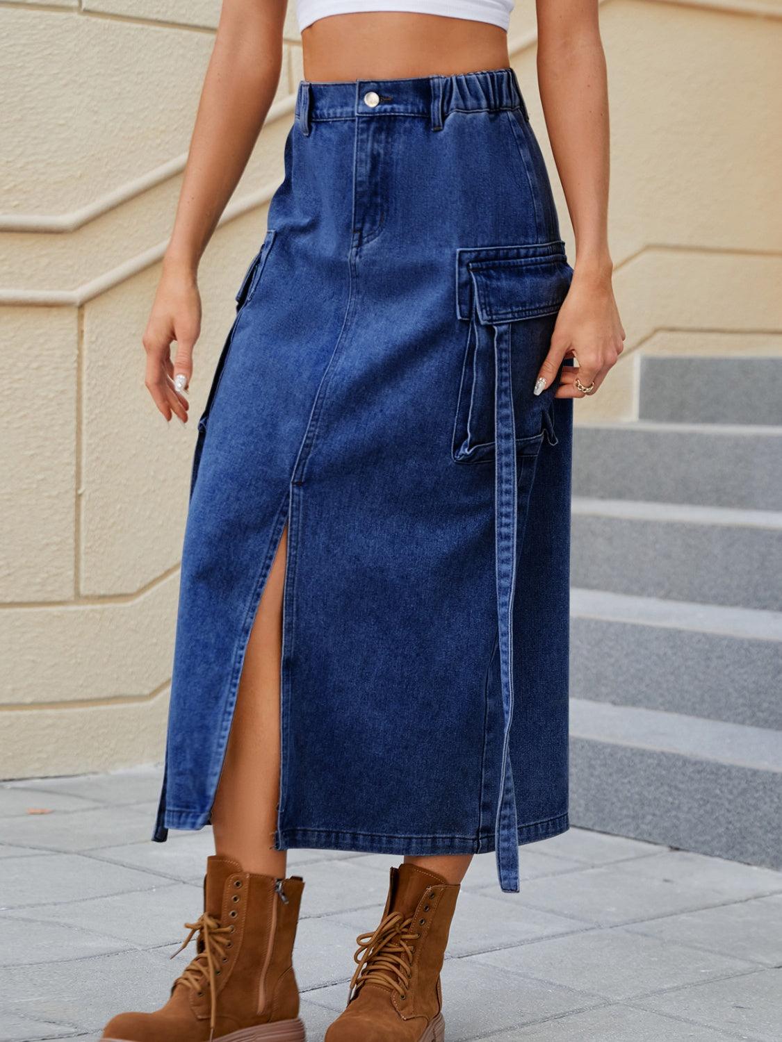 Slit Pocketed High Waist Denim Skirt Carauana Store