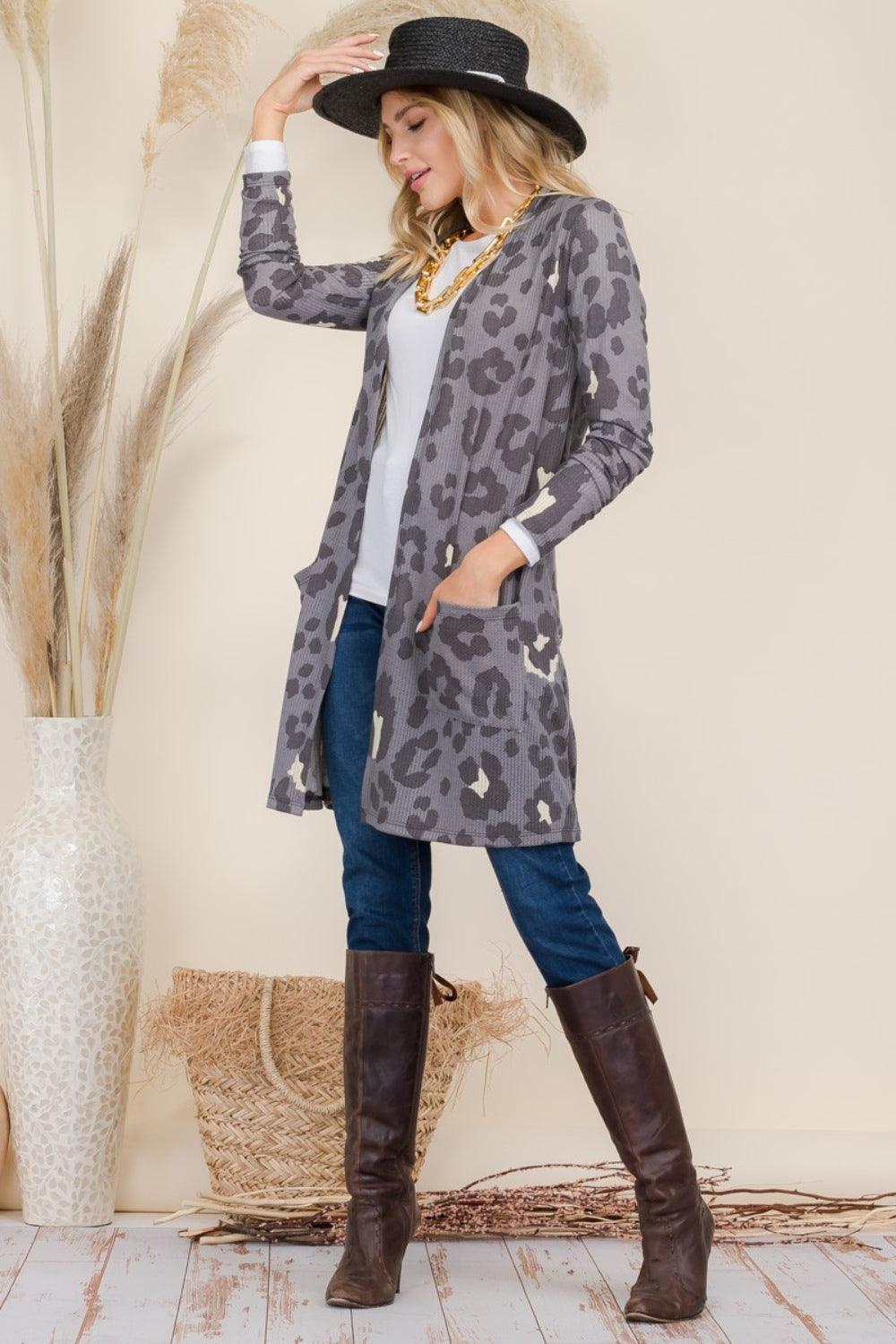 Celeste Full Size Leopard Open Front Contrast Cardigan Carauana Store