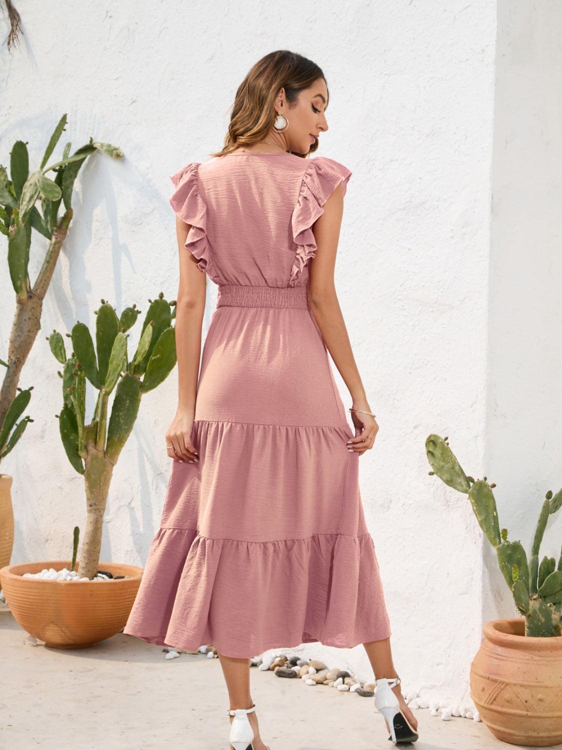 Tiered Ruffled V-Neck Cap Sleeve Dress Carauana Store