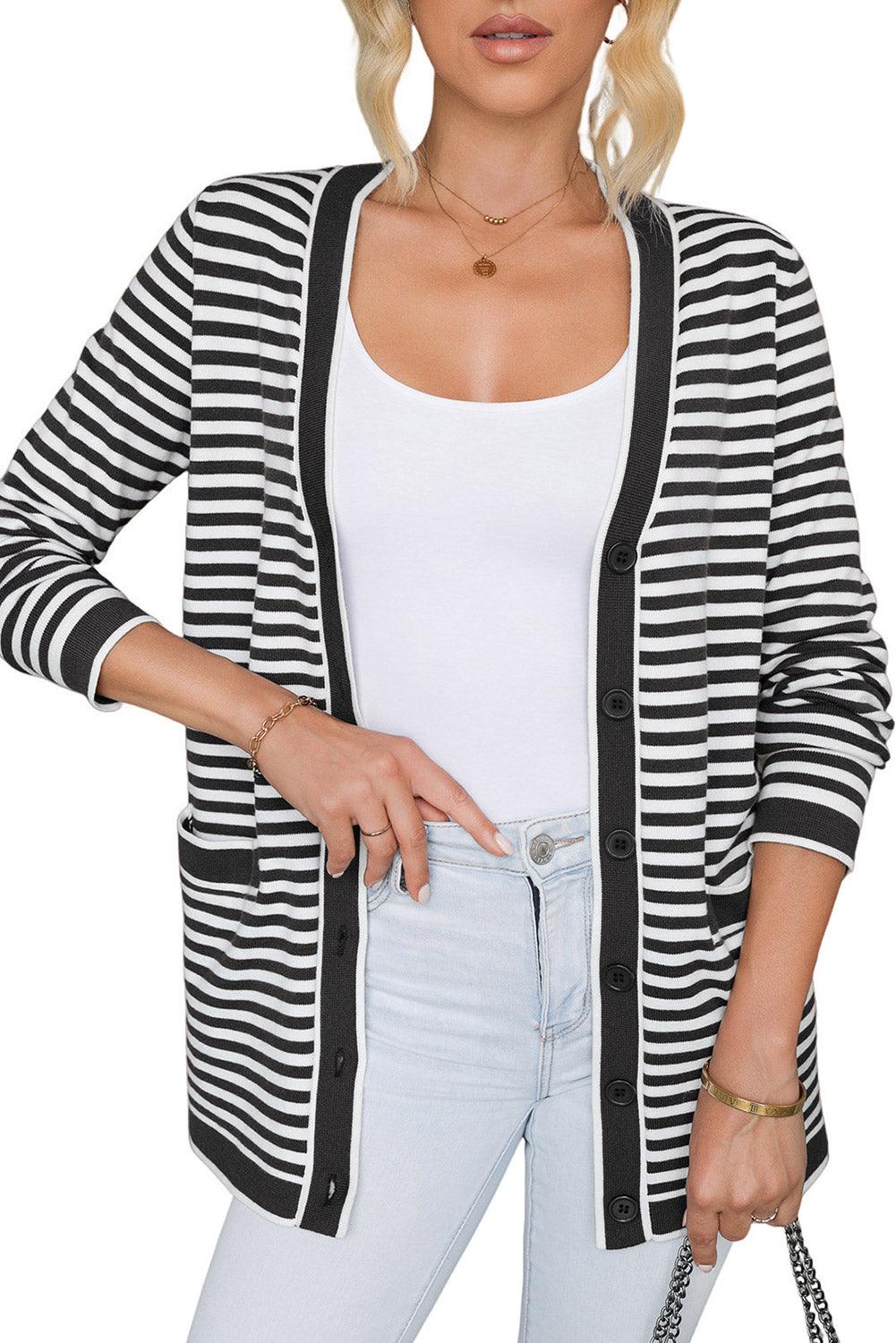 Striped Open Front Long Sleeve Cardigan Carauana Store