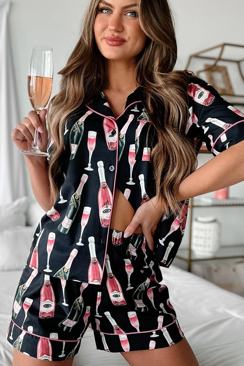 Champagne Print Short Sleeve Top and Shorts Set Carauana Store