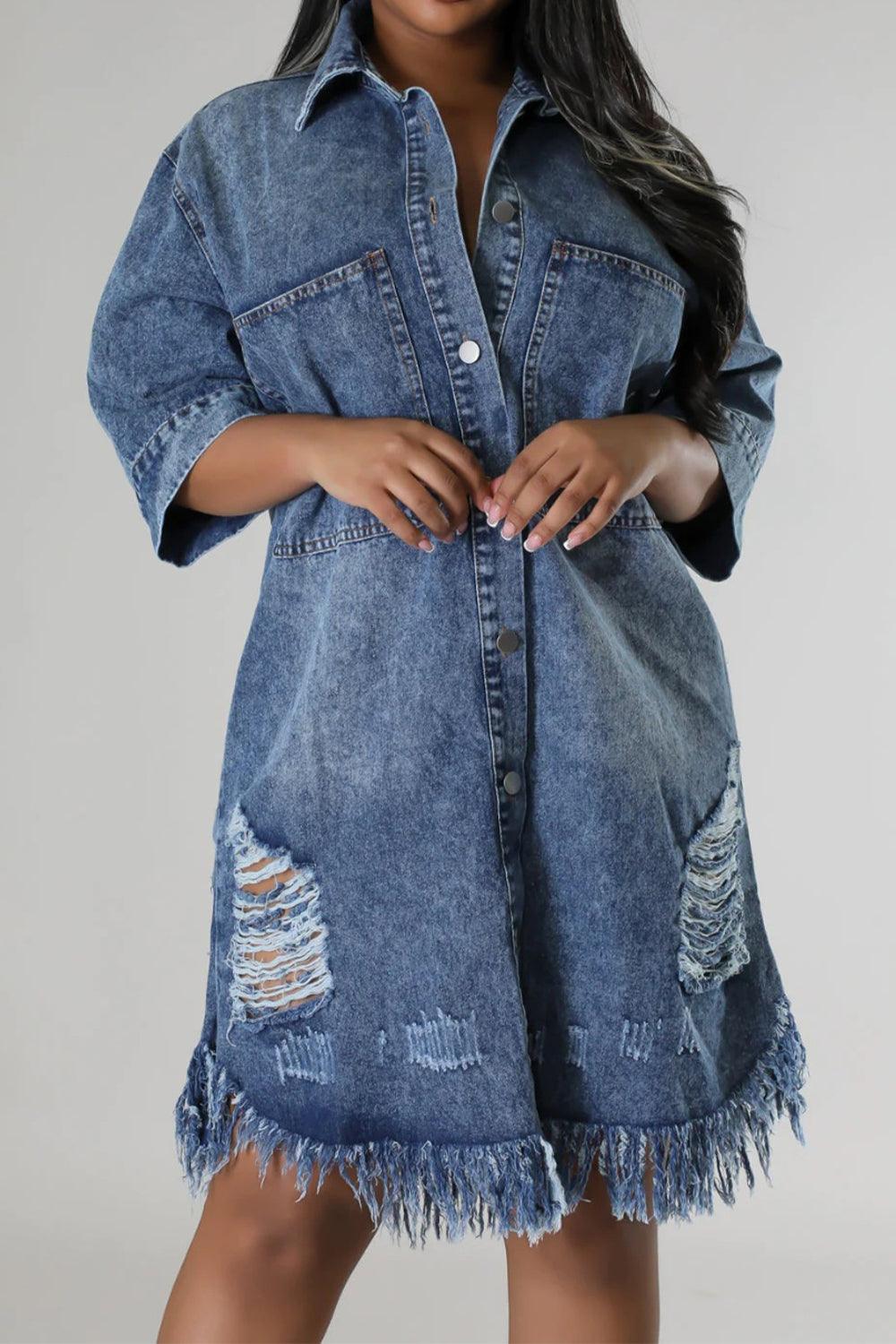 Distressed Raw Hem Button Up Denim Dress Carauana Store