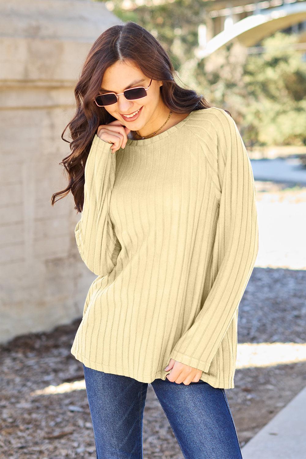 Basic Bae Full Size Ribbed Round Neck Long Sleeve Knit Top Carauana Store
