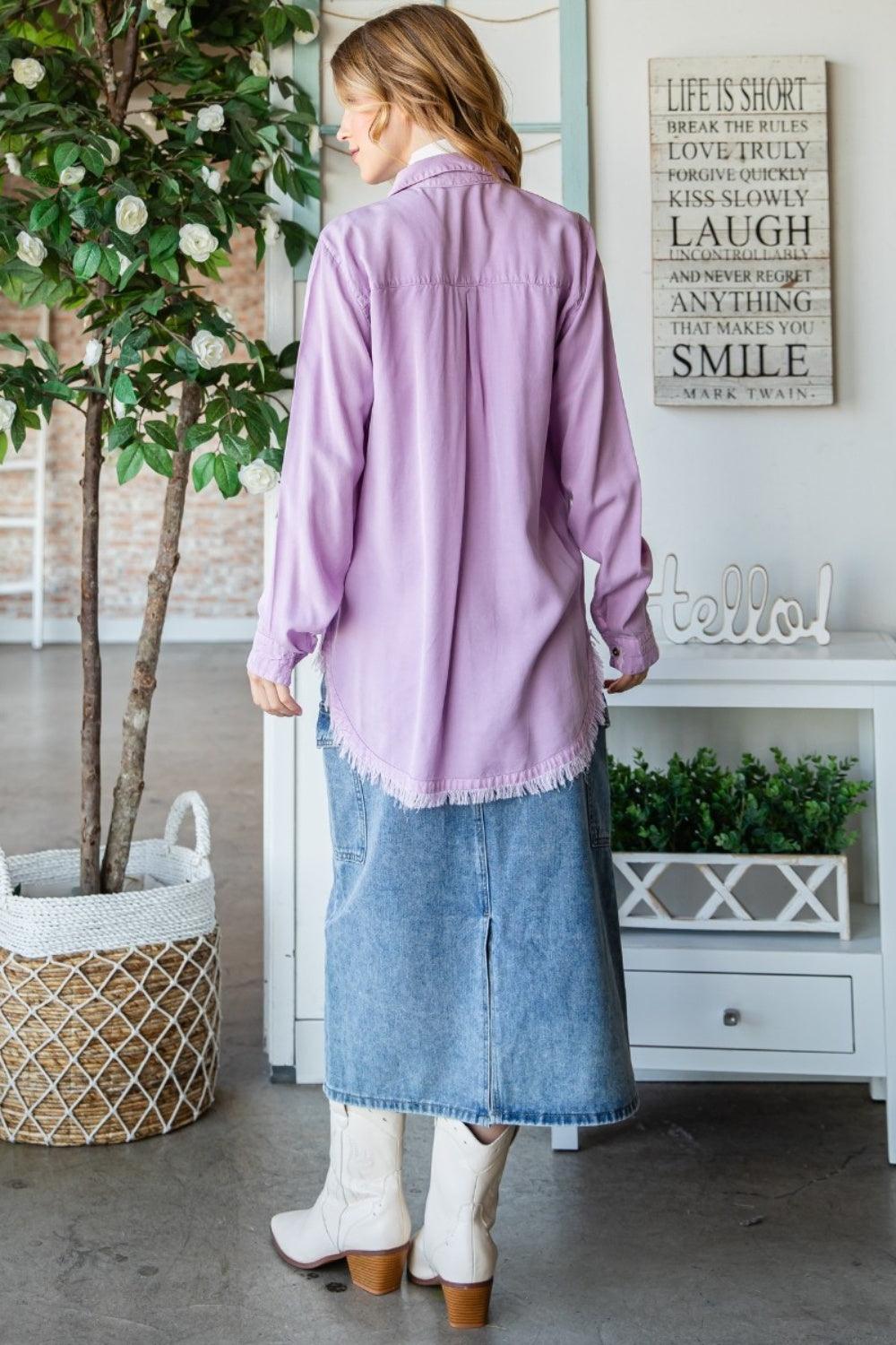 Veveret Raw Hem Button Up Long Sleeve Shirt Carauana Store