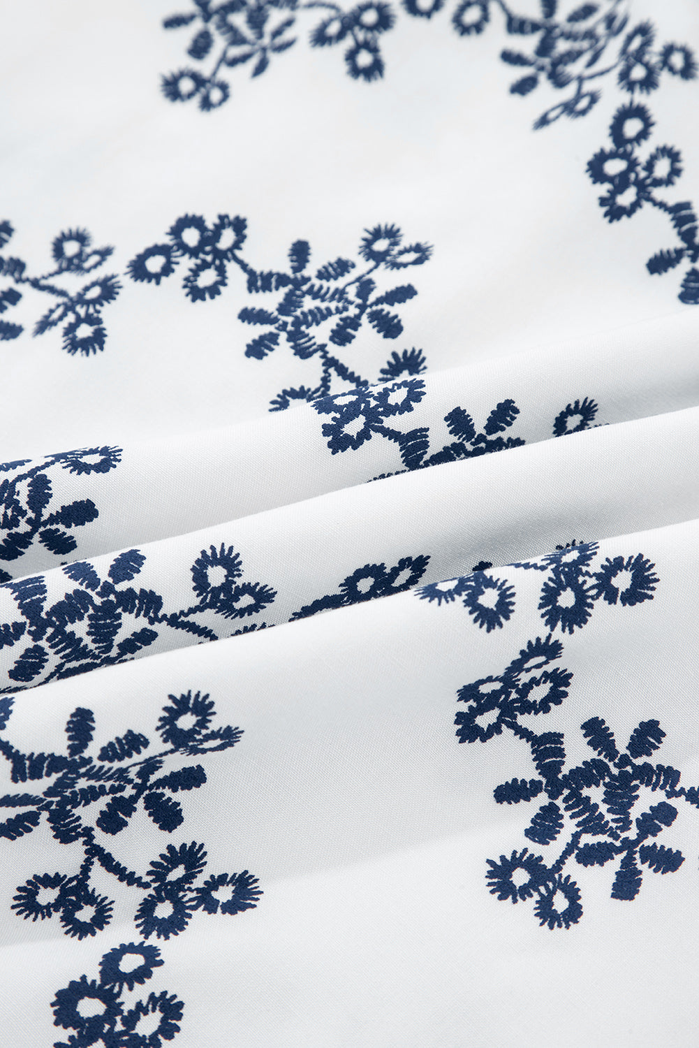 Blue Lace Patchwork Floral Bubble Sleeve V Split Neck Blouse