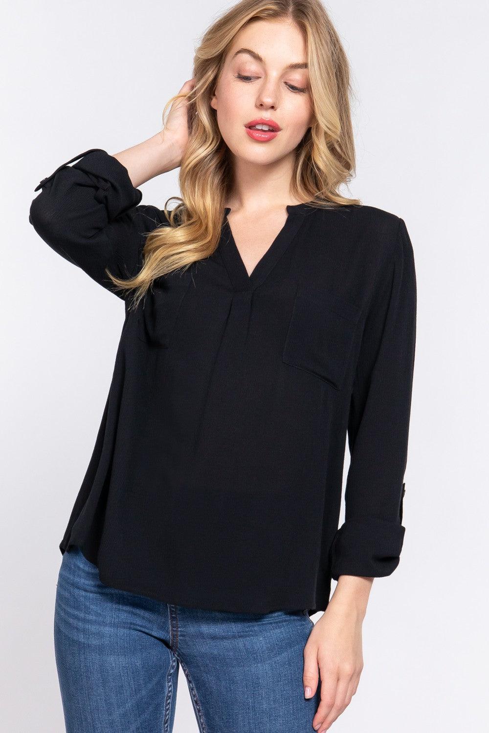 ACTIVE BASIC Full Size Notched Long Sleeve Woven Top Carauana Store