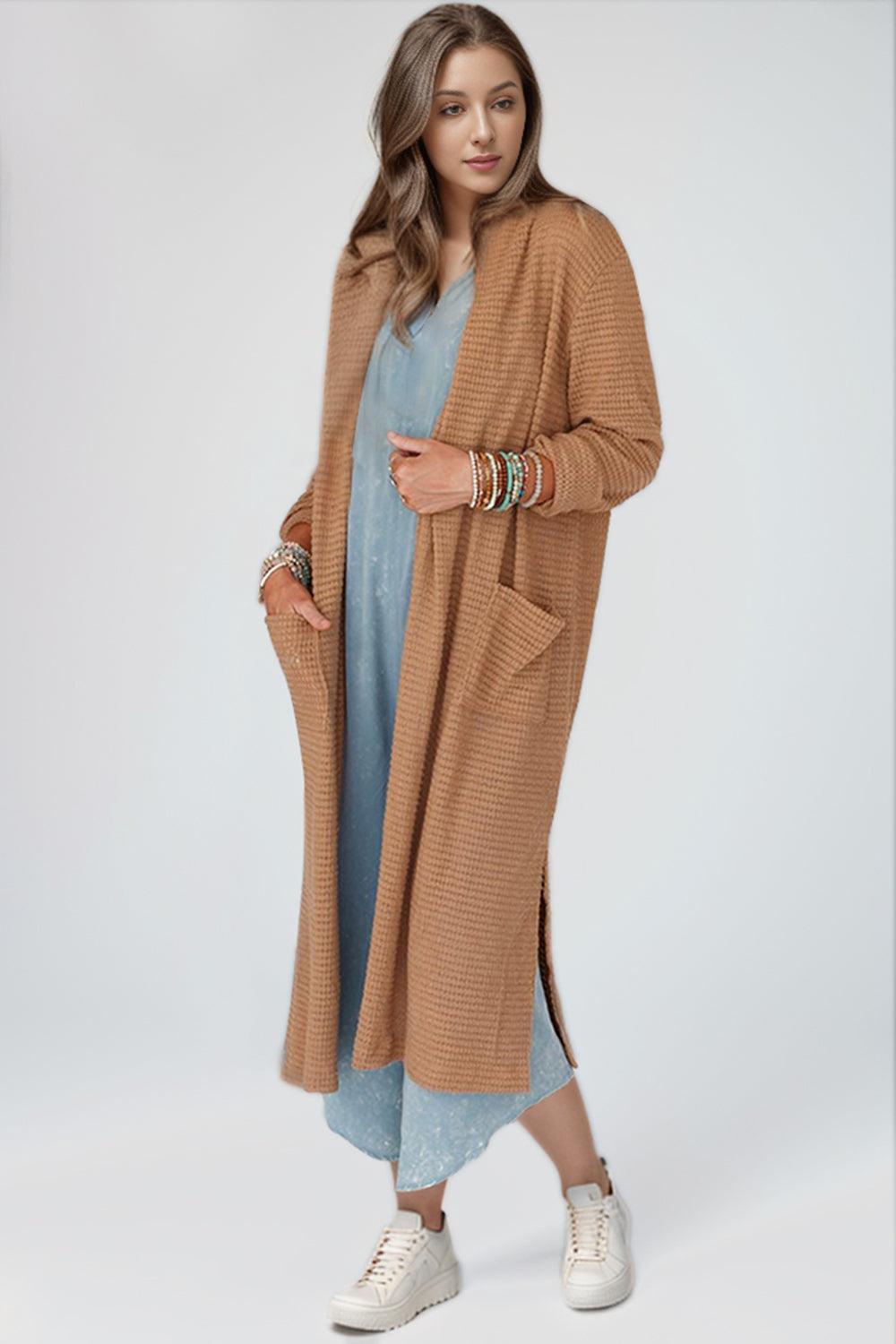Open Front Long Sleeve Longline Slit Cardigan Carauana Store