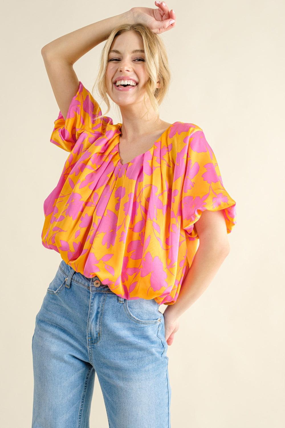 And The Why Full Size Printed Satin Bubble Hem Top Carauana Store