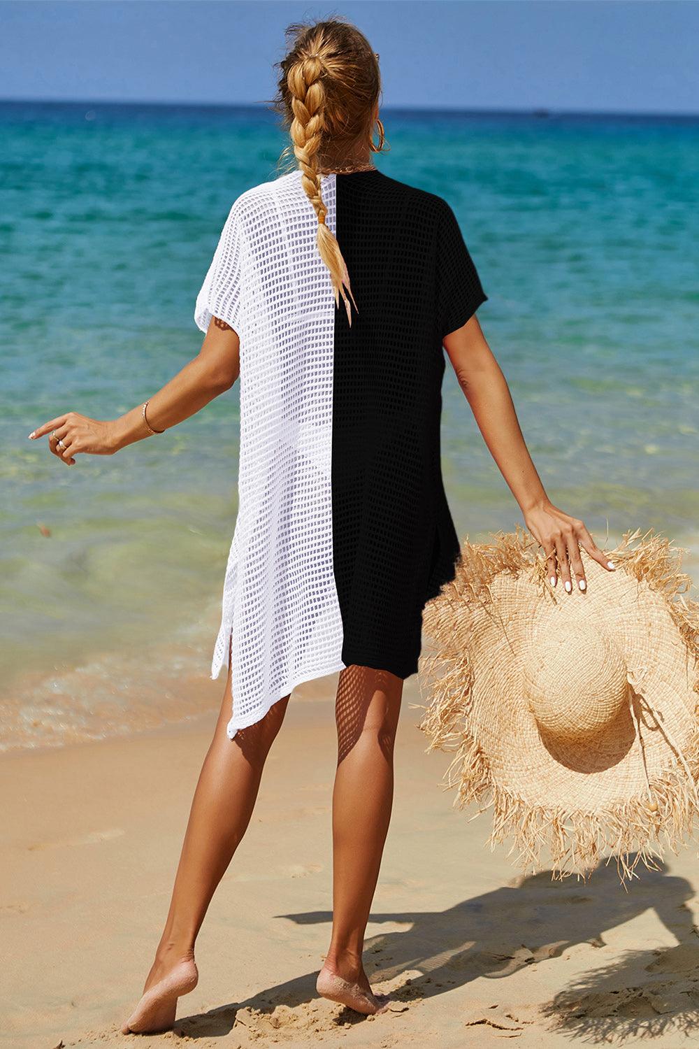Double Take Openwork Contrast Slit Knit Cover Up Carauana Store