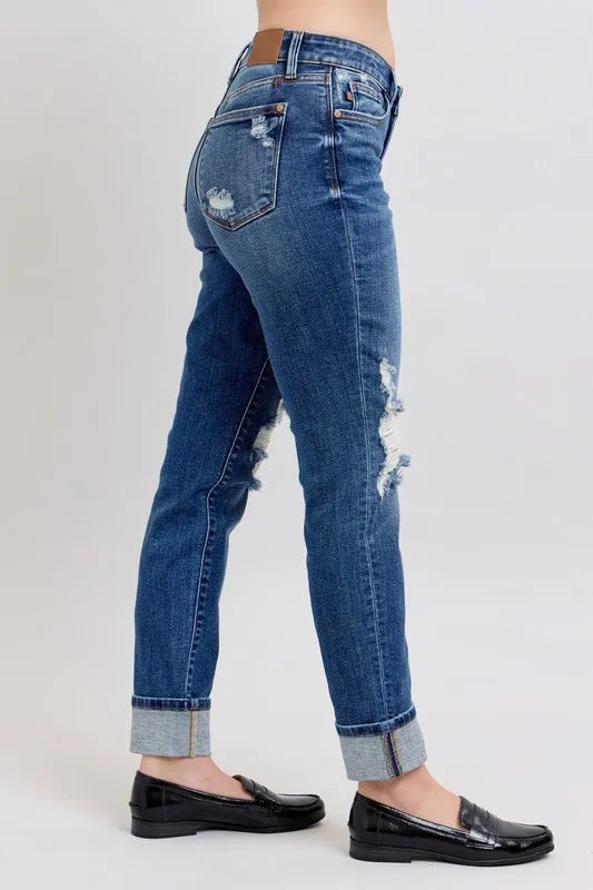 Judy Blue Full Size Mid Rise Boyfriend destroy Jeans with Yoke Pockets and Faux Selvedge Cuff Plus Size