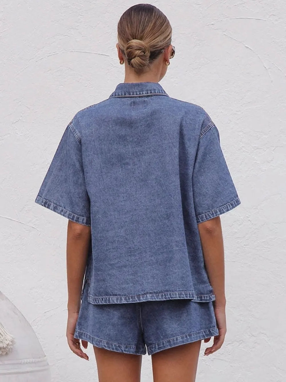 Collared Neck Button Up Top and Shorts Denim Set Carauana Store