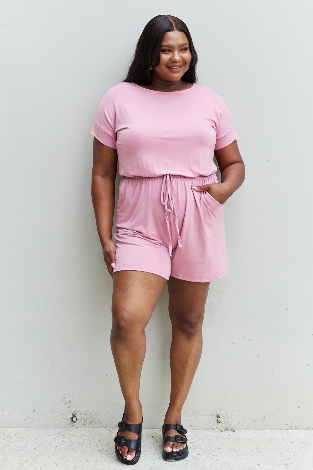 Zenana Chilled Out Full Size Short Sleeve Romper in Light Carnation Pink Carauana Store