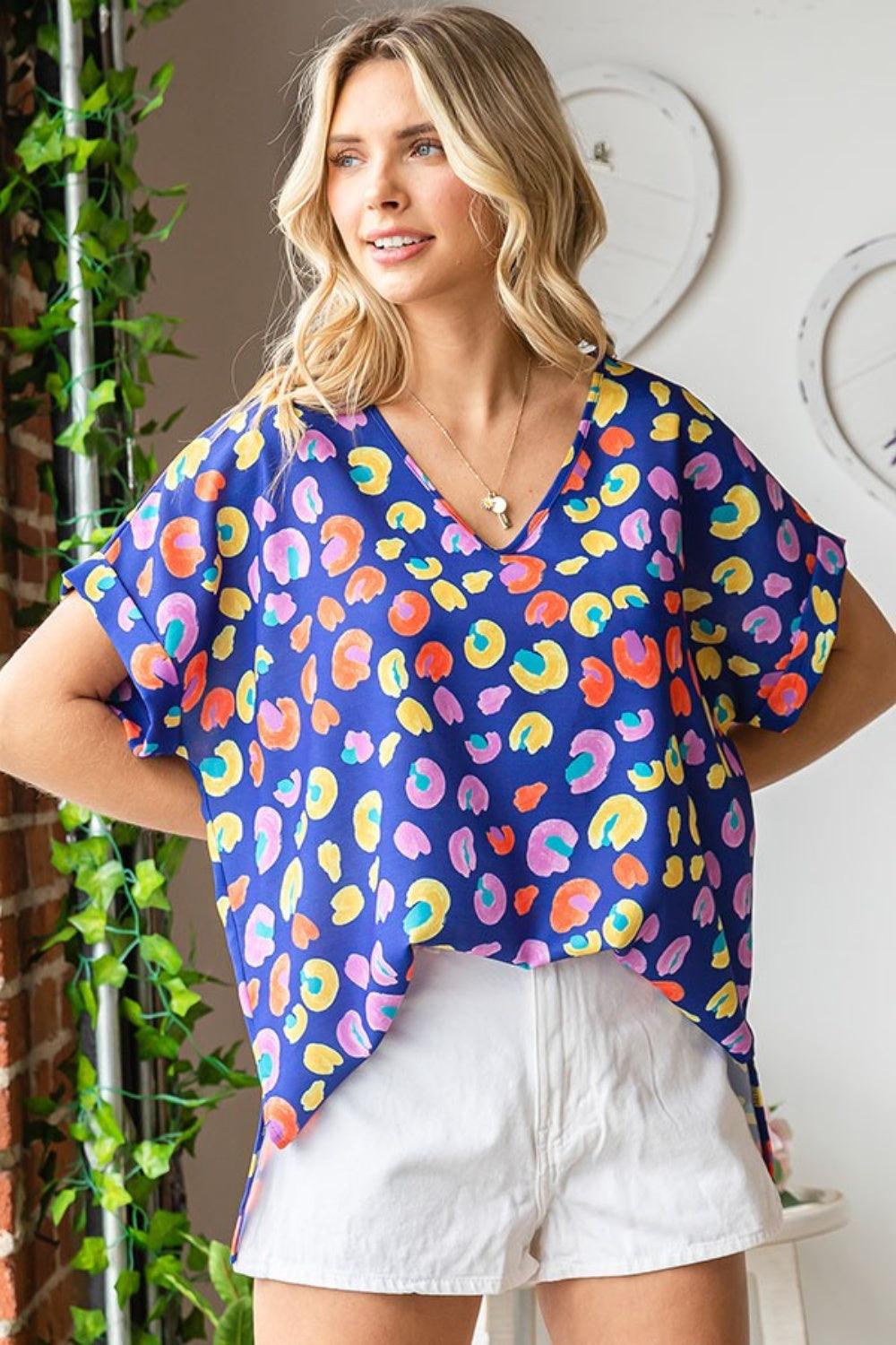 First Love Printed V-Neck Short Sleeve Blouse Carauana Store