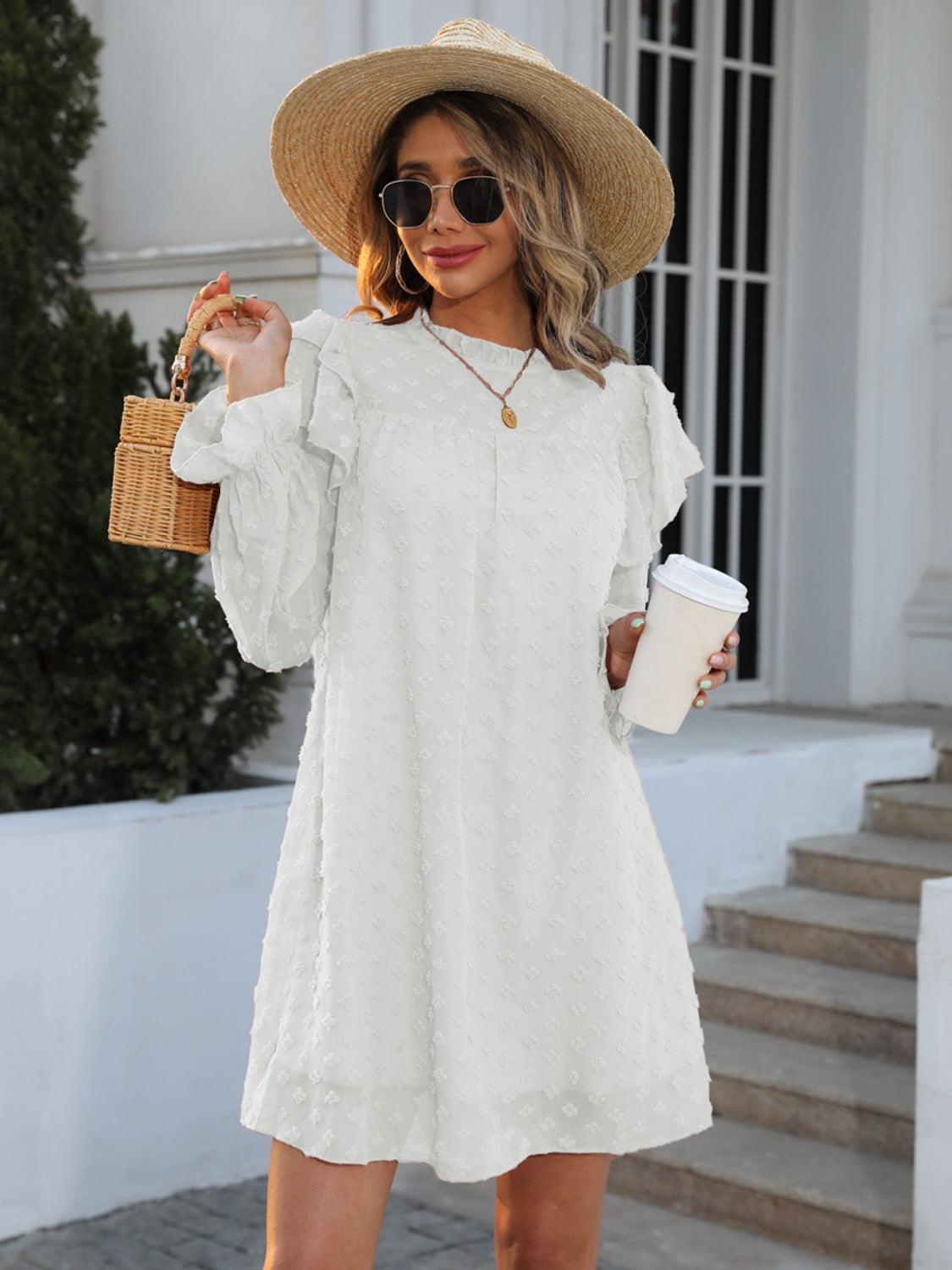 Swiss Dot Mock Neck Flounce Sleeve Dress Carauana Store