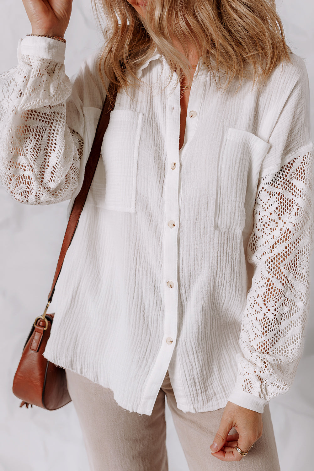 White Cotton Gauze Lace Patchwork Long Sleeve Shirt