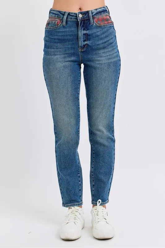 Judy Blue Full Size HW Plaid Patch Slim Fit Jeans Plus Size Carauana Store