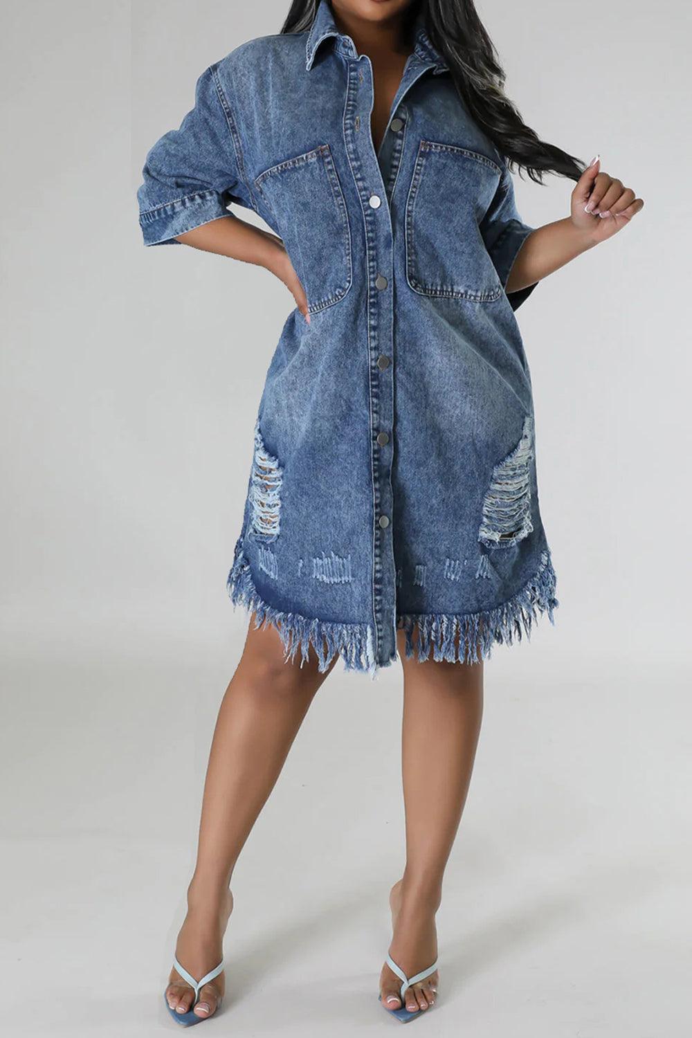 Distressed Raw Hem Button Up Denim Dress Carauana Store