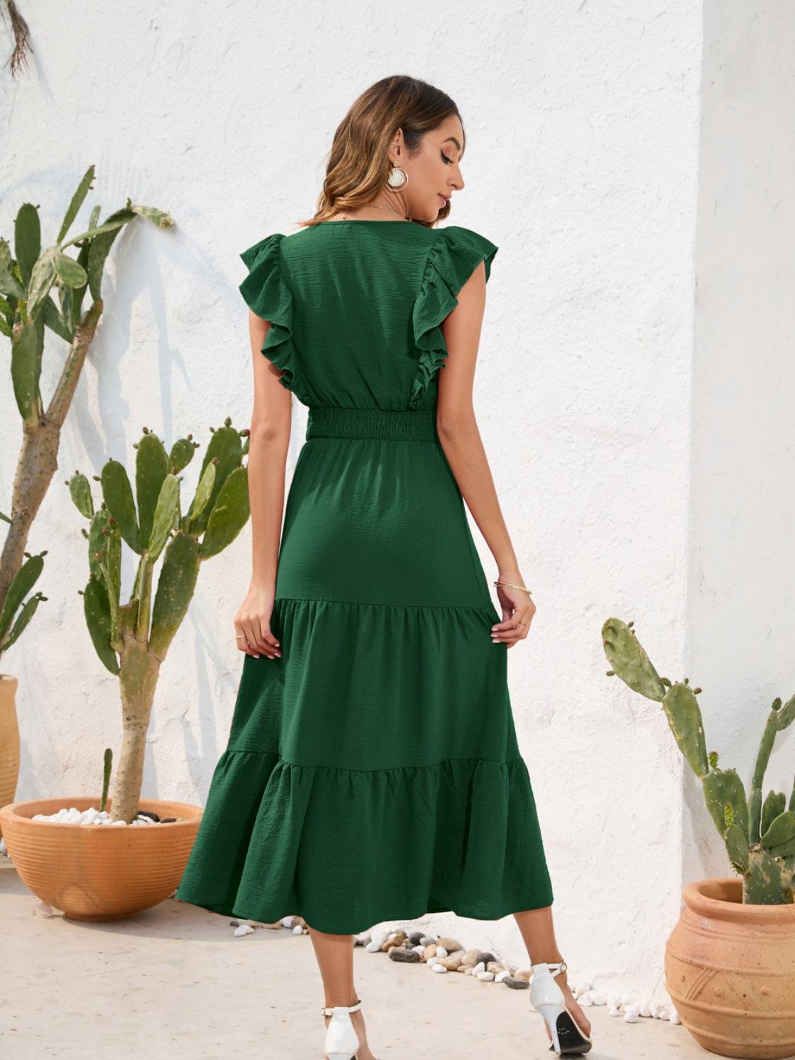 Tiered Ruffled V-Neck Cap Sleeve Dress Carauana Store