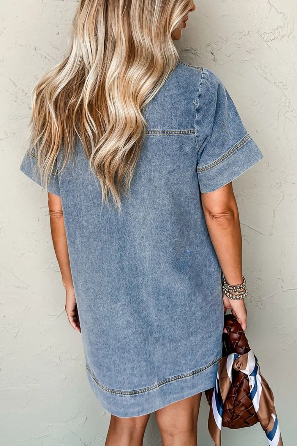 Short Sleeve Collared Patched Pocket Denim Mini Dress Carauana Store