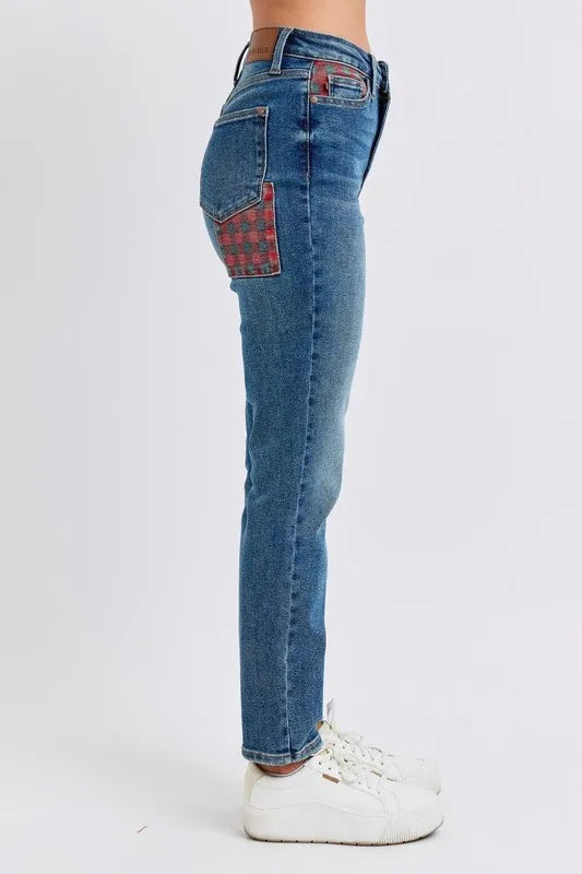 Judy Blue Full Size HW Plaid Patch Slim Fit Jeans Plus Size Carauana Store