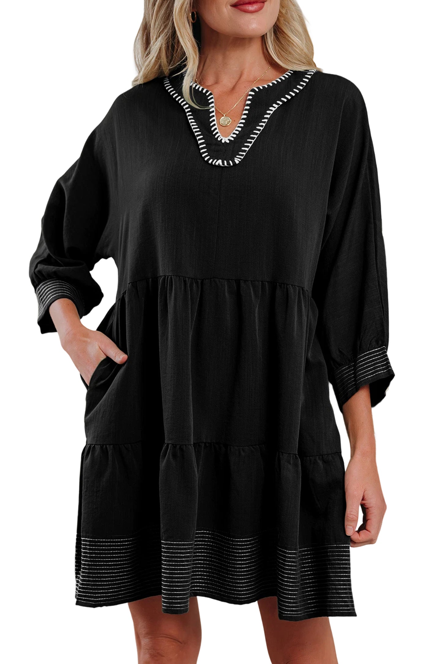 Black Contrast Stitched V Neck 3/4 Sleeve Tiered Mini Dress