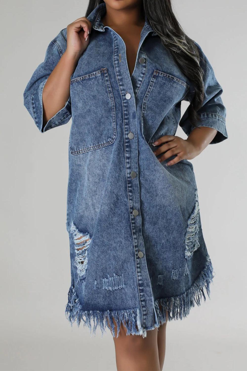 Distressed Raw Hem Button Up Denim Dress Carauana Store