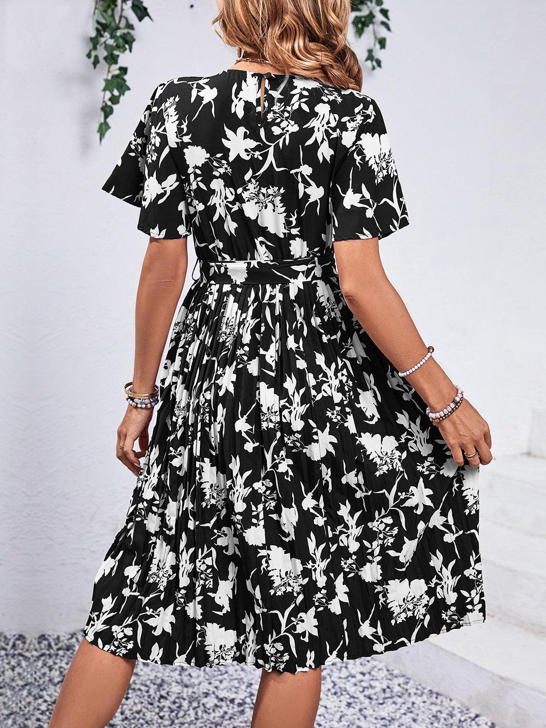 Printed Round Neck Short Sleeve Dress Carauana Store