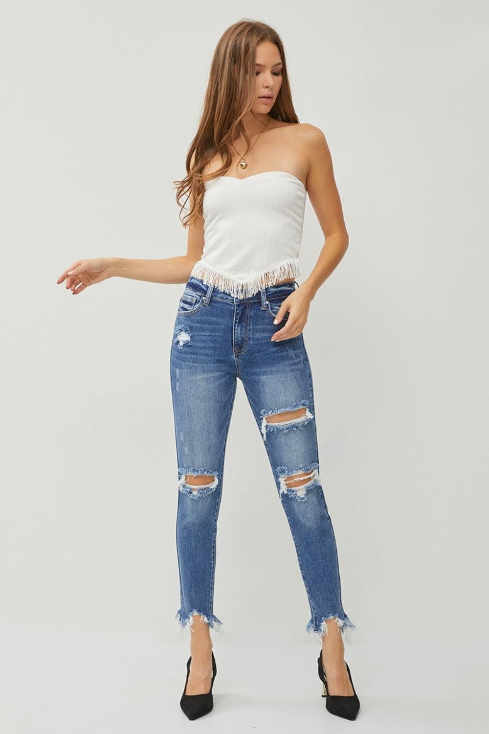 RISEN Distressed Frayed Hem Slim Jeans Carauana Store