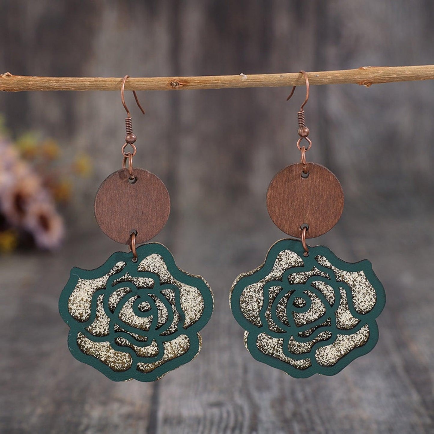 Wooden Alloy Rose Shape Dangle Earrings Carauana Store