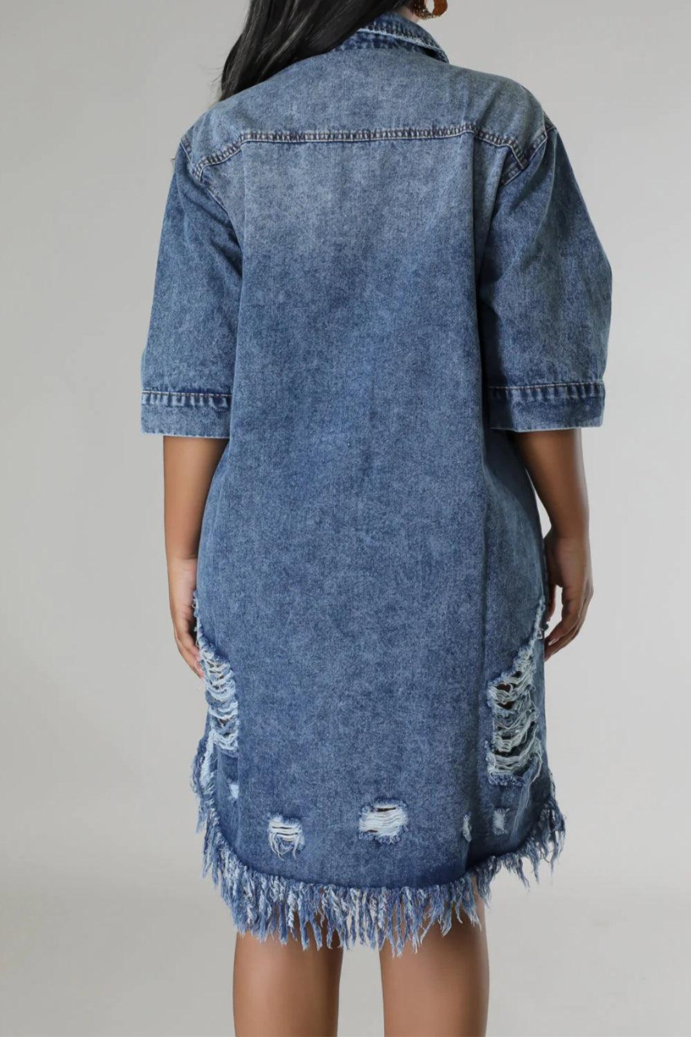 Distressed Raw Hem Button Up Denim Dress Carauana Store