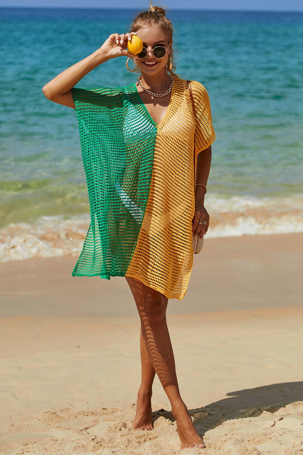 Double Take Openwork Contrast Slit Knit Cover Up Carauana Store