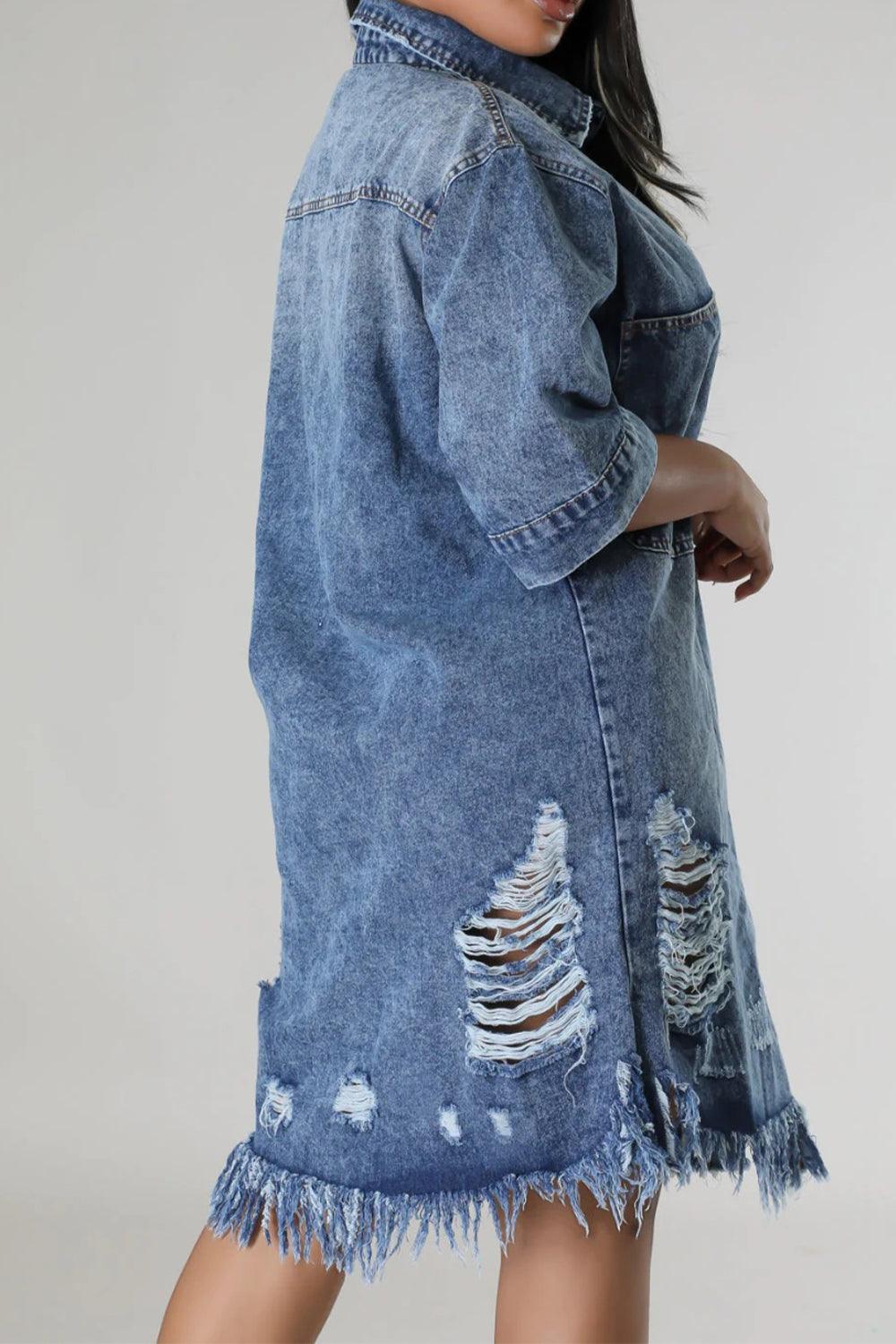 Distressed Raw Hem Button Up Denim Dress Carauana Store
