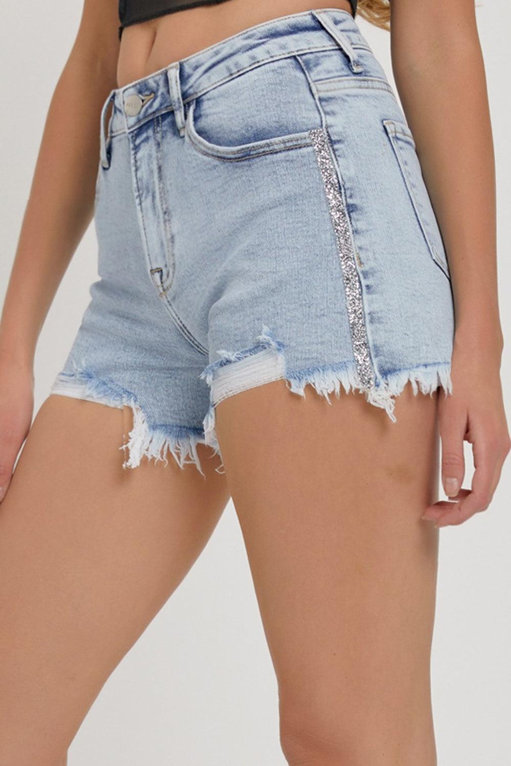 RISEN Full Size High Rise Rhinestone Strap Embellished Denim Shorts Carauana Store
