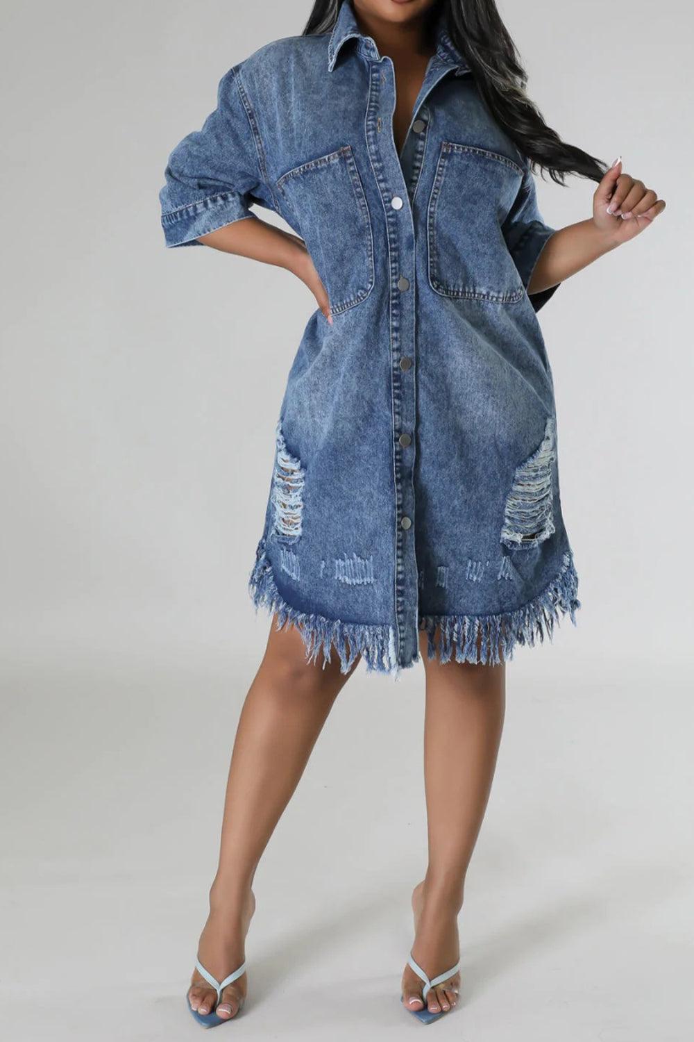 Distressed Raw Hem Button Up Denim Dress Carauana Store