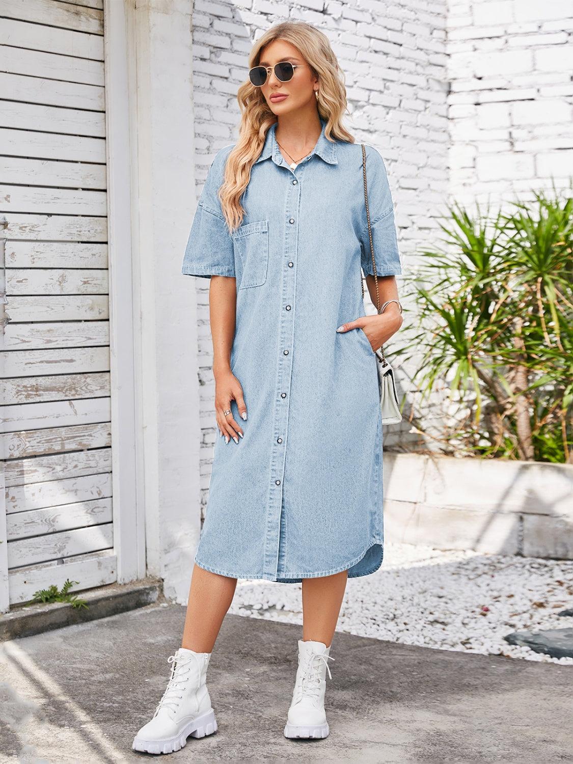 Button Up Dropped Shoulder Denim Dress Carauana Store