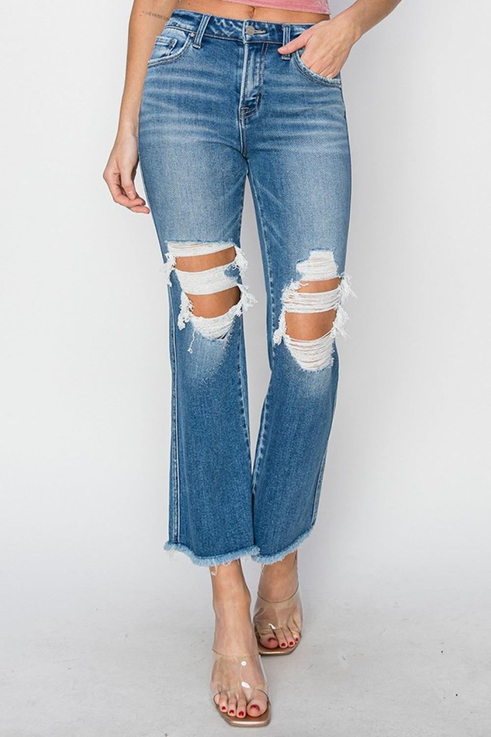 RISEN Mid Rise Distressed Cropped Flare Jeans Carauana Store