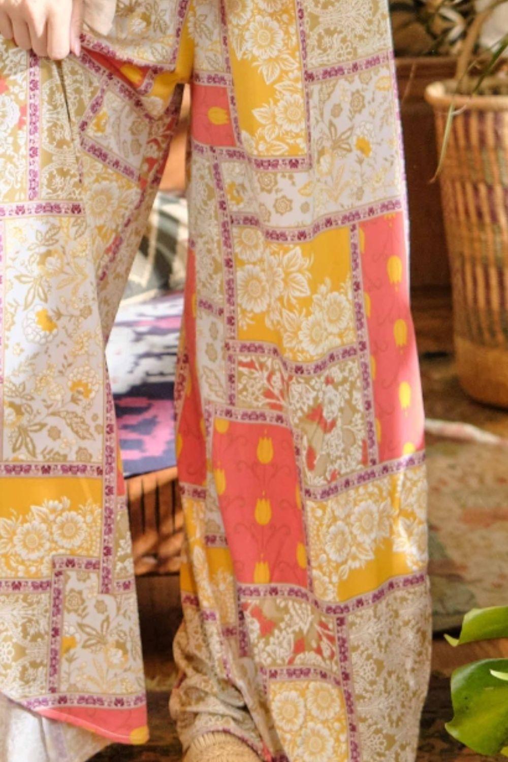 And The Why Printed Smocking Waist Side Slit Wide Leg Pants Carauana Store