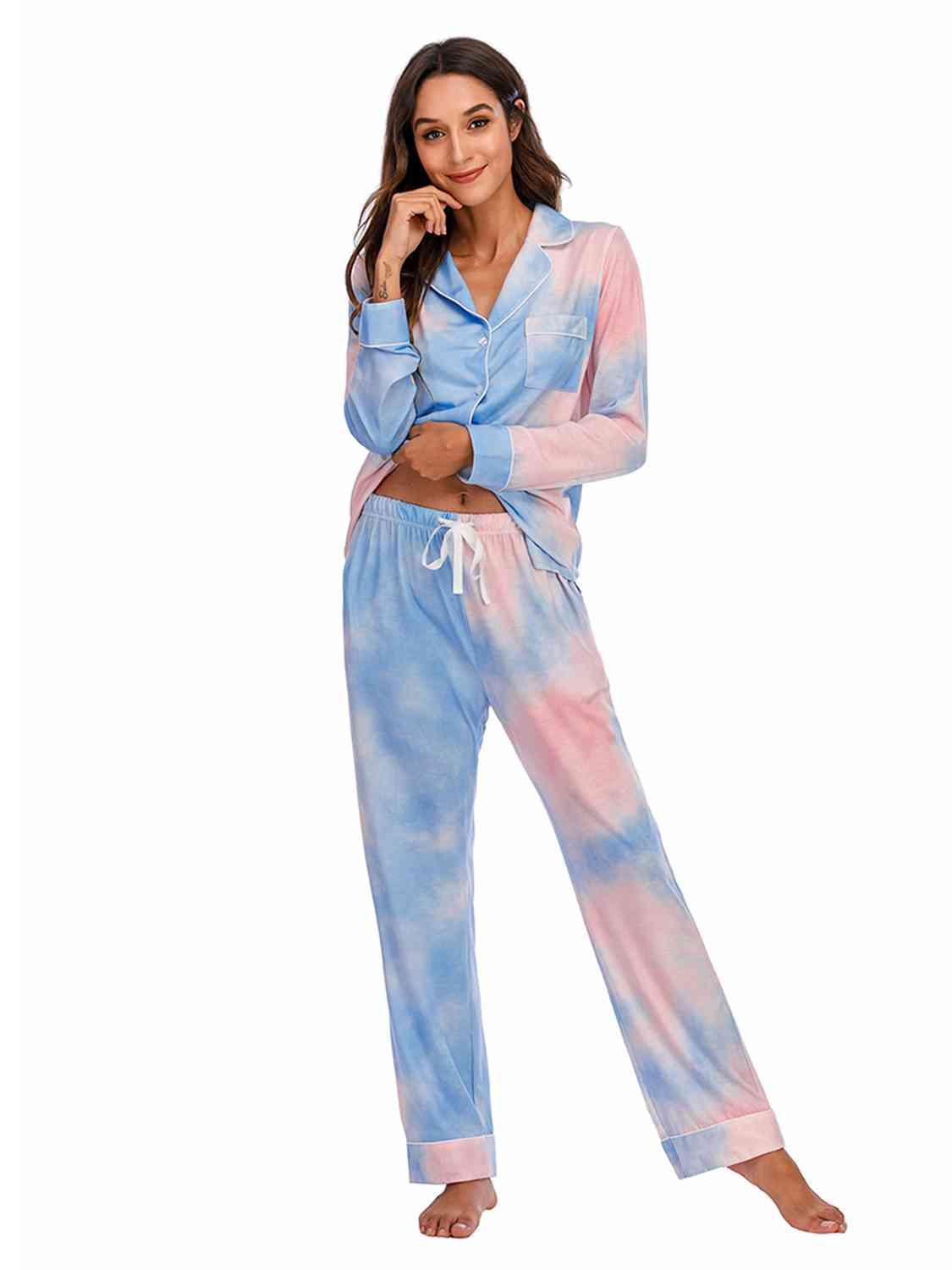 Collared Neck Long Sleeve Loungewear Set with Pockets Carauana Store