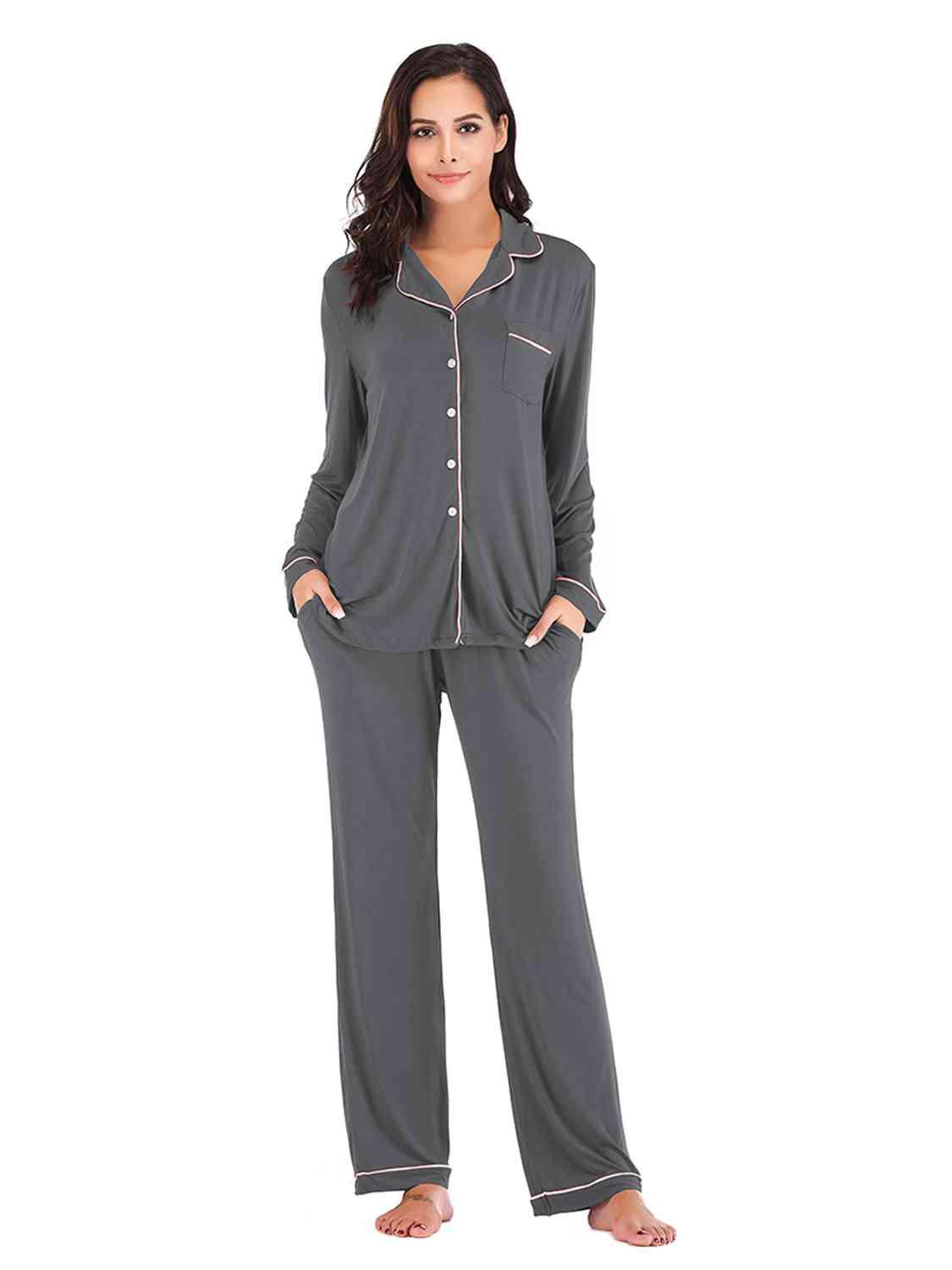 Collared Neck Long Sleeve Loungewear Set with Pockets Carauana Store