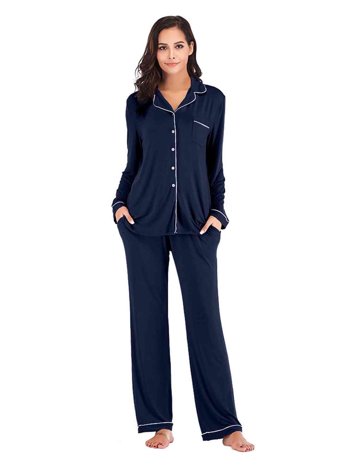 Collared Neck Long Sleeve Loungewear Set with Pockets Carauana Store