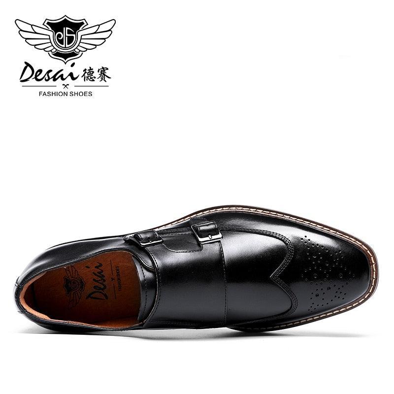 DESAI Monk Strap Slip on Genuine Leather Business Handmade Dress Brogue with Buckle Carauana Store