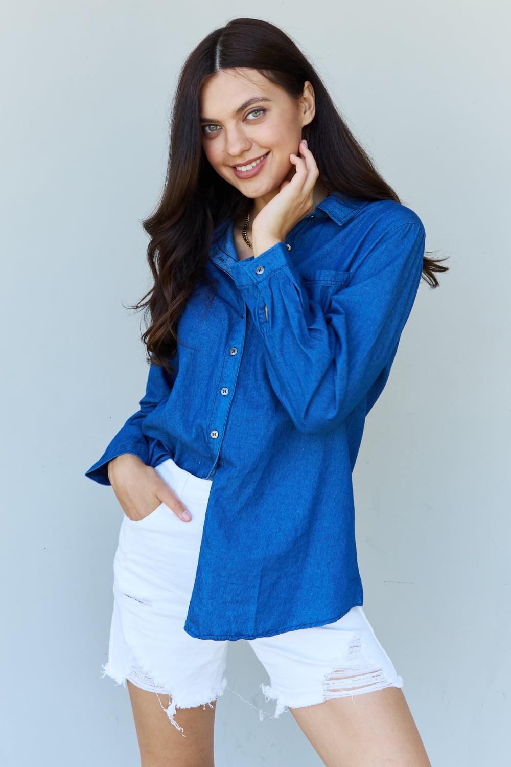 Doublju Blue Jean Baby Denim Button Down Shirt Top in Dark Blue Carauana Store