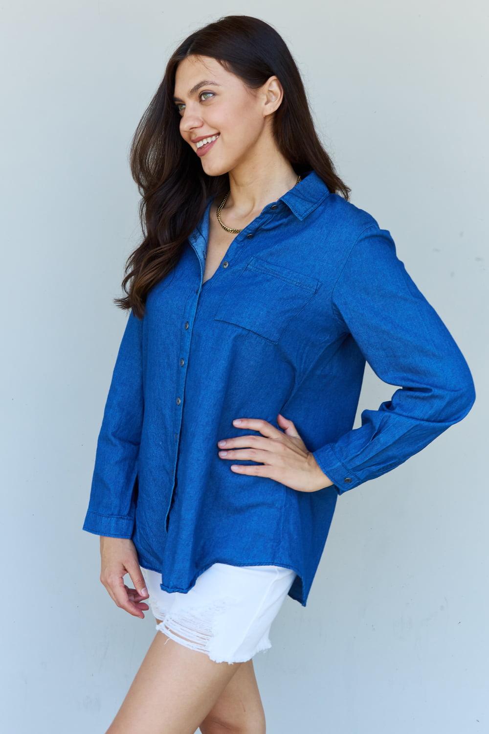 Doublju Blue Jean Baby Denim Button Down Shirt Top in Dark Blue Carauana Store