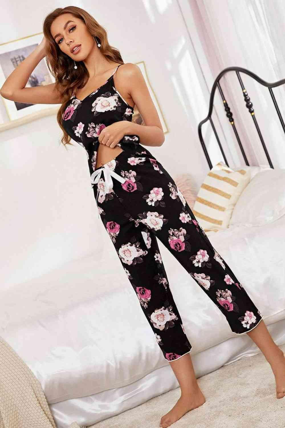 Floral V-Neck Cami and Cropped Pants Lounge Set Carauana Store