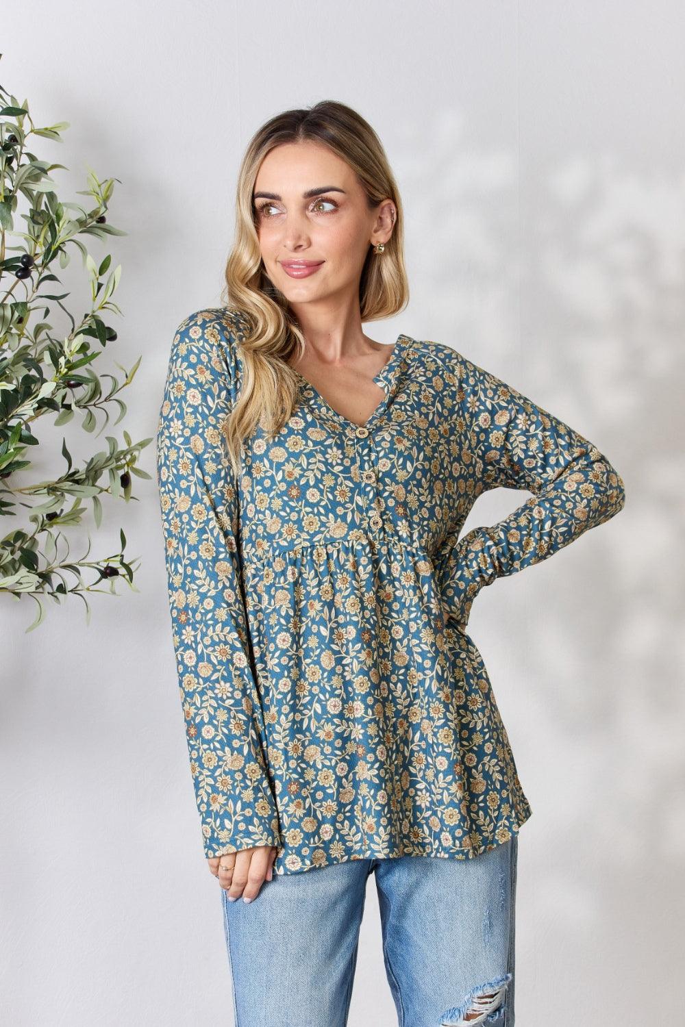 Heimish Full Size Floral Half Button Long Sleeve Blouse Carauana Store