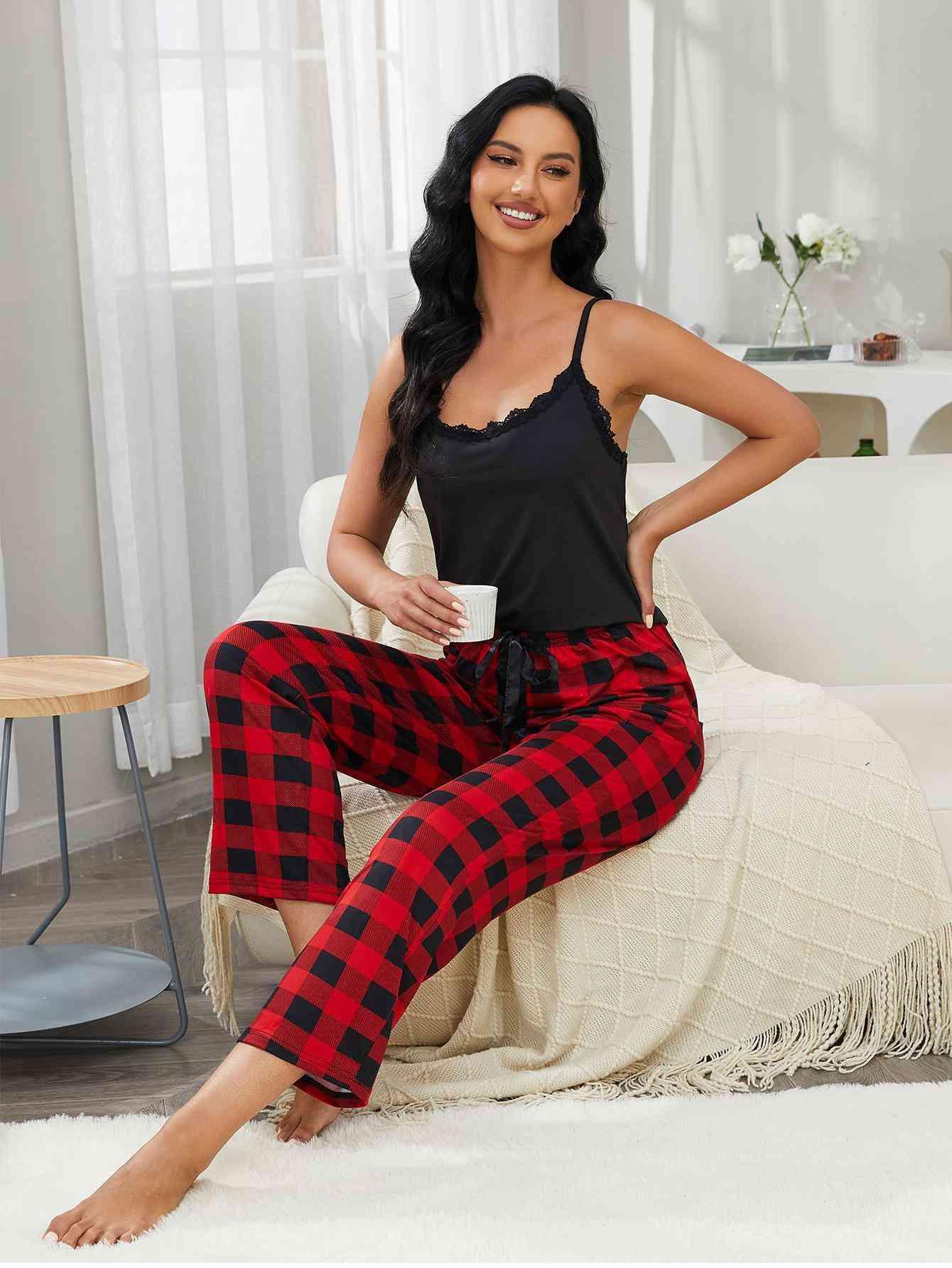 Lace Trim Cami and Plaid Pants Lounge Set Carauana Store