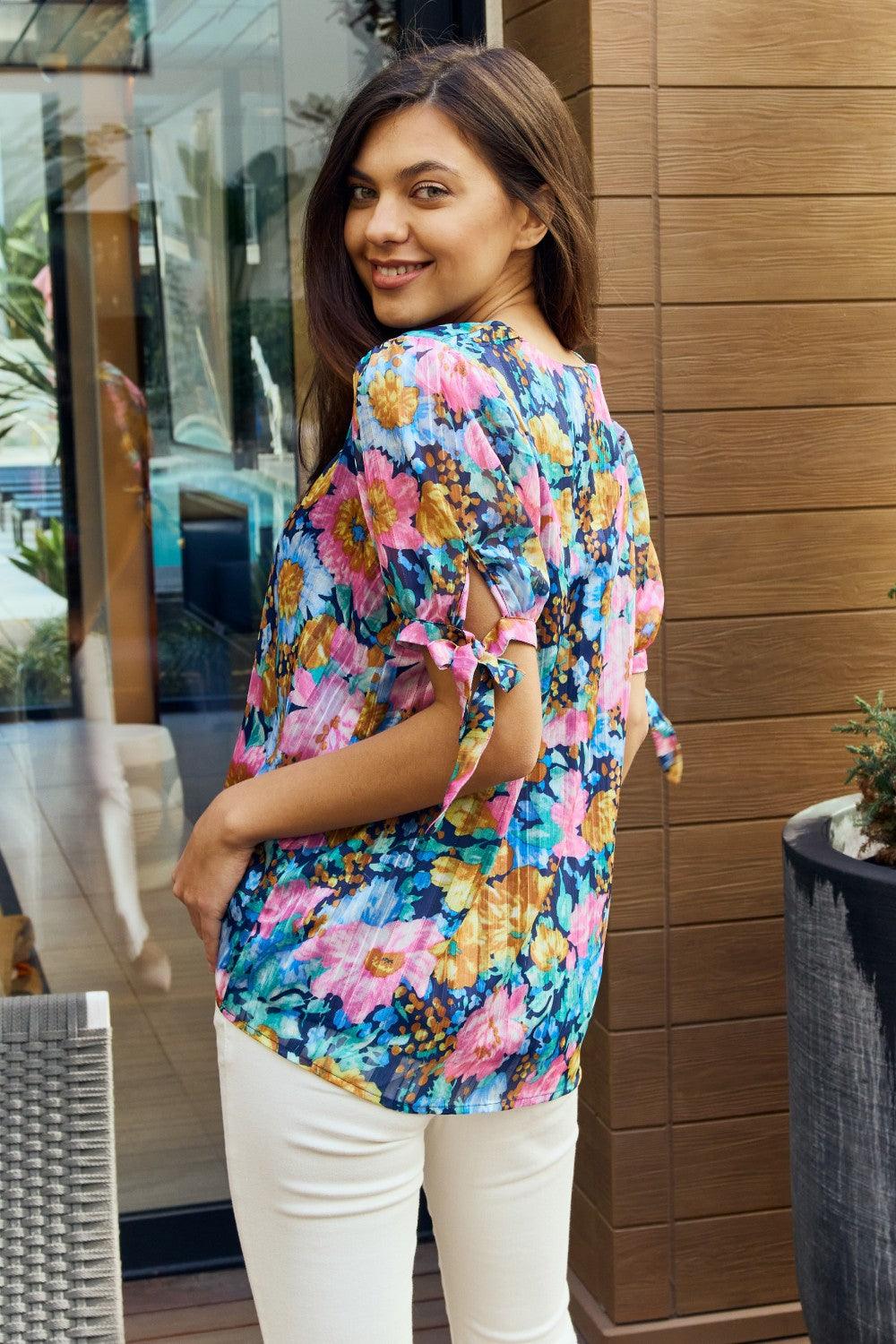 Petal Dew Full Size Floral V-Neck Tie Detail Blouse Carauana Store