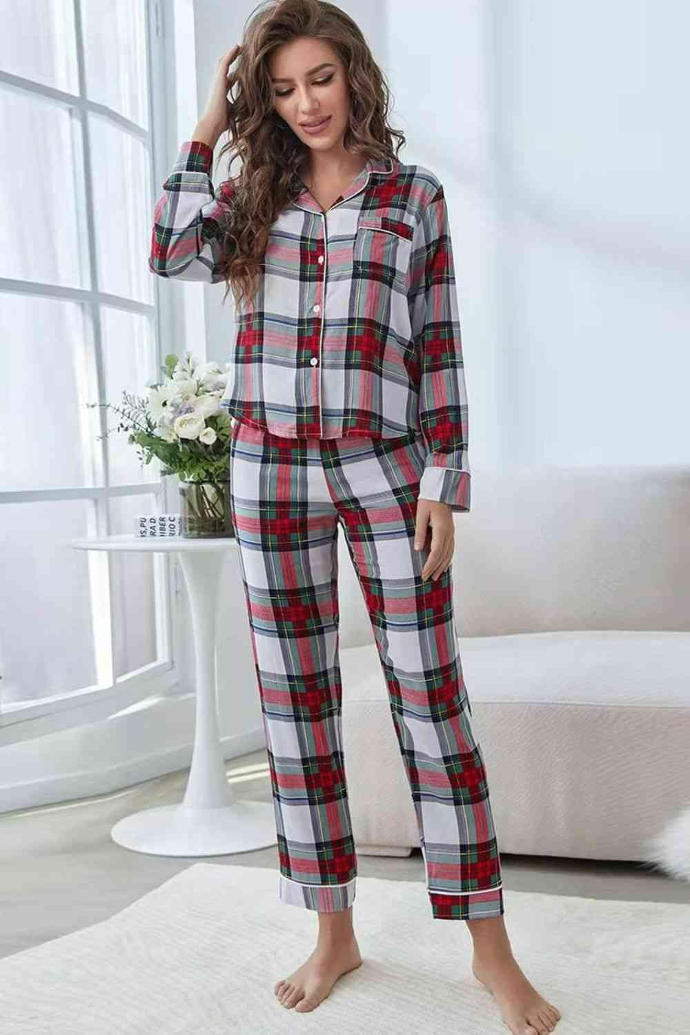Plaid Button Front Top and Pants Lounge Set Carauana Store